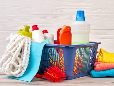 Chemical cleaning supplies in basket.